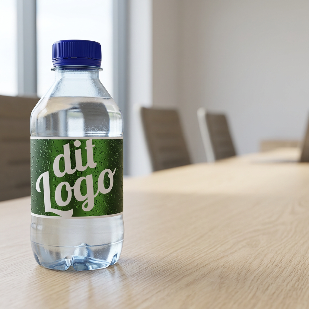 0,30-liters logovand med blåt låg og grøn dit Logo-etiket på konferencebordet