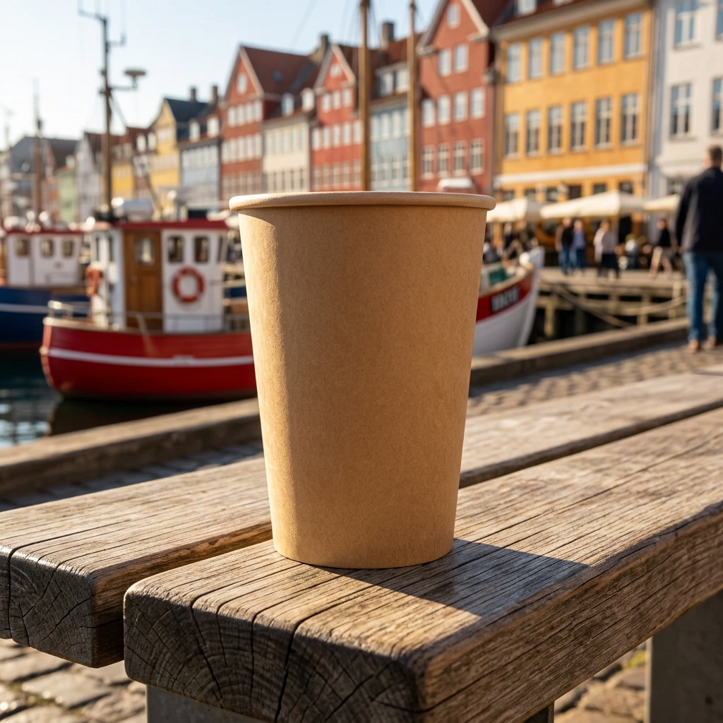 Brunt kaffebæger uden tryk på træbænk ved solrig havn