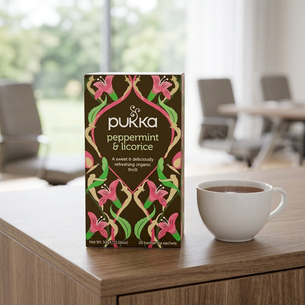 Pukka Peppermint & Licorice med en kop te i konferencelokalet