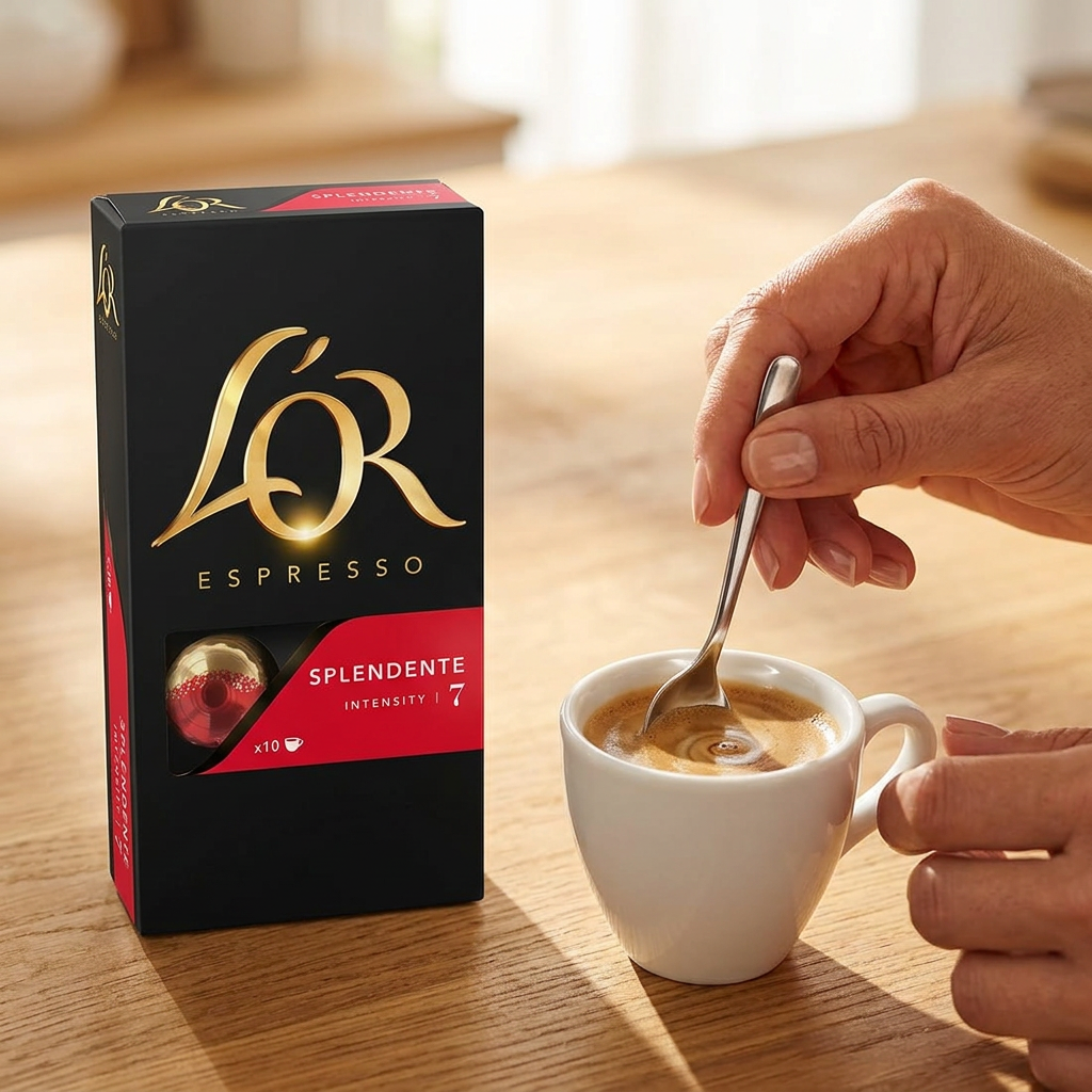 Kaffe røres i koppen ved siden af L’OR Espresso Splendente 7