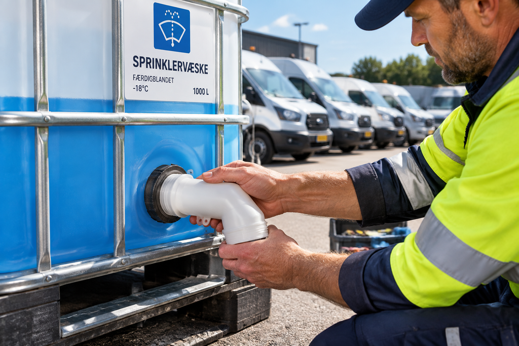 Miljøbillede, varenr. 8123: montering af studs på 1000 liter palletank ved en vognpark med varevogne