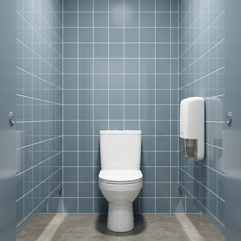 Hvid Tork T6 Twin-dispenser i toiletkabine med blågrå fliser