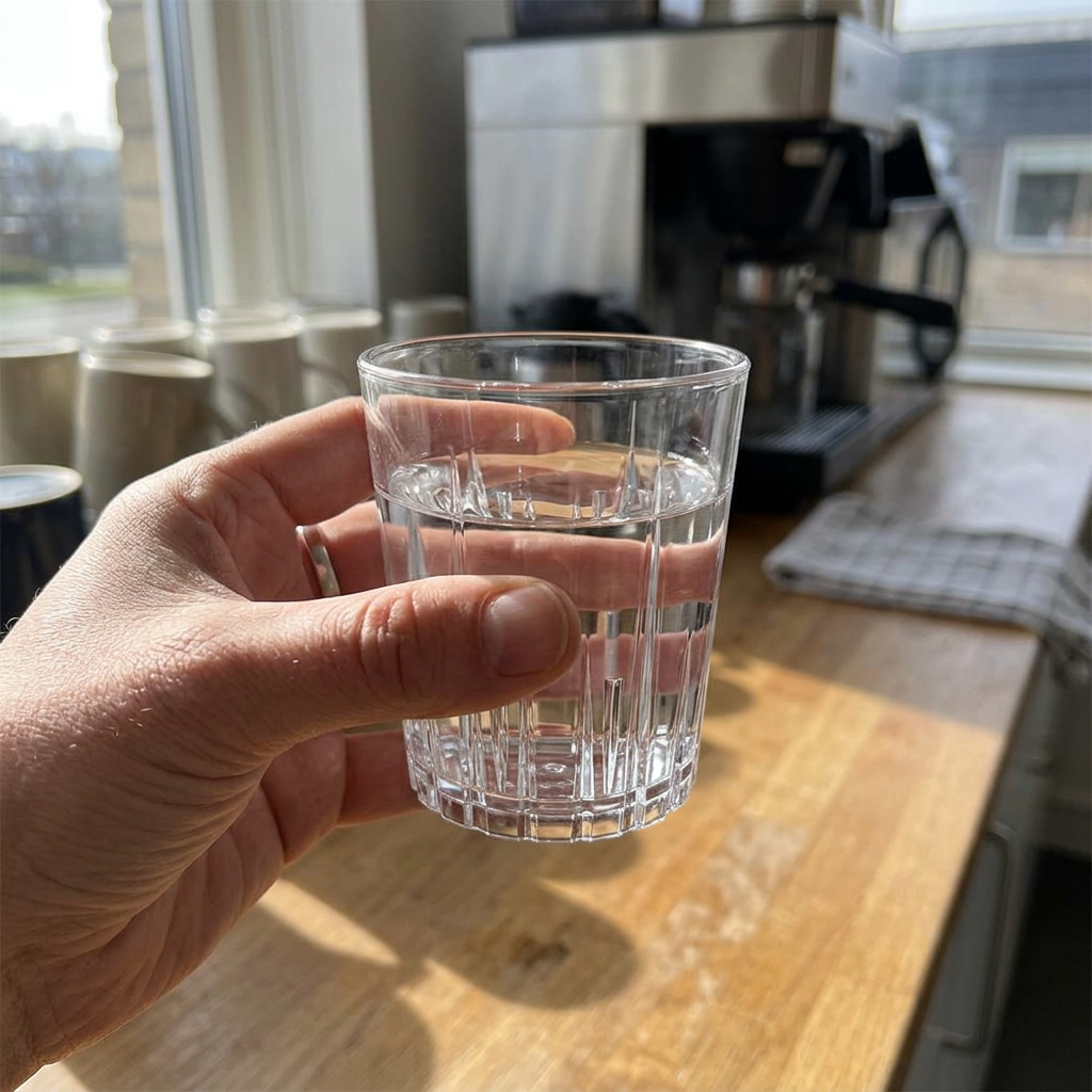 Voksen holder et klart rillet polyglas med vand i et sollyst køkken