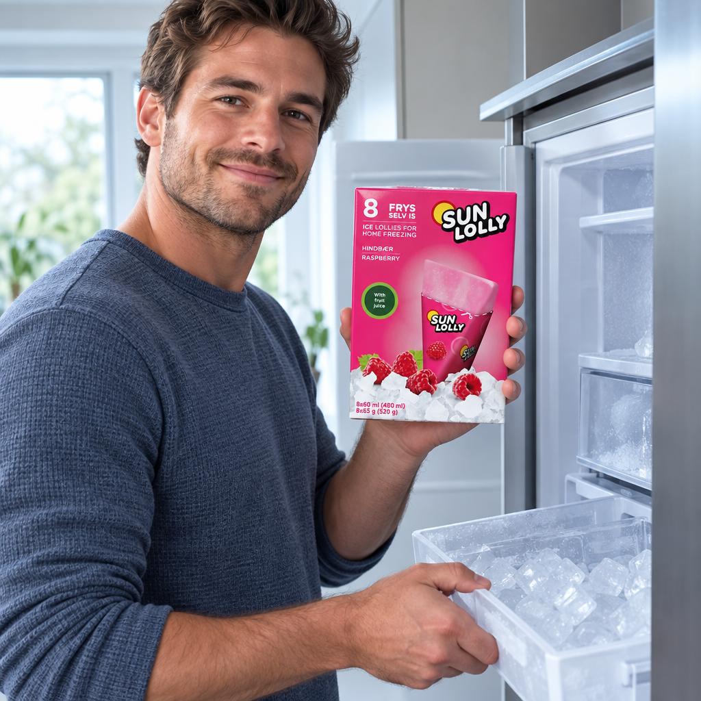 Voksen holder Sun Lolly Hindbær, 8 × 60 ml, ved åben fryser