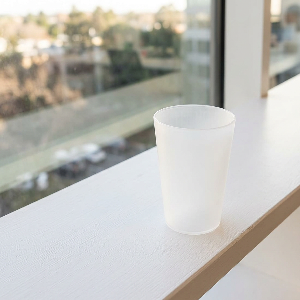 Frosted hvidt drikkeglas på en hvid hylde ved et stort vindue