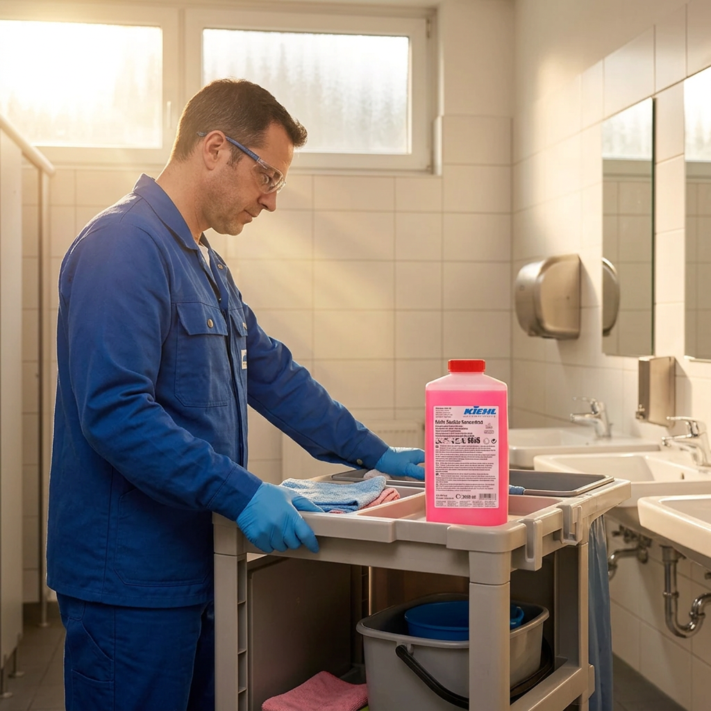 Kiehl SanEco-Koncentrat 2 L på rengøringsvogn i solrigt sanitetsområde med voksen medarbejder
