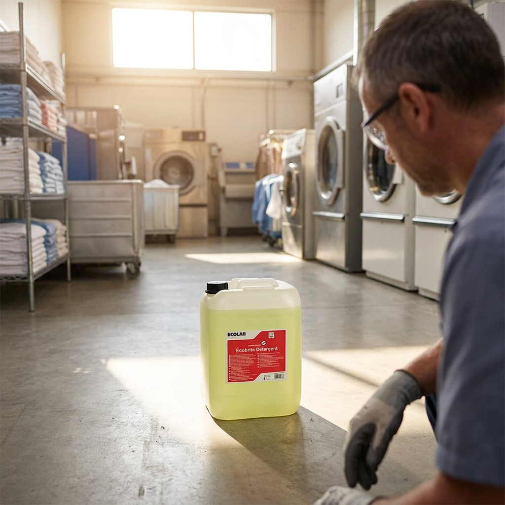 Medarbejder i forgrunden ved lukket Ecobrite Detergent i lyst vaskeri, stemningsbillede