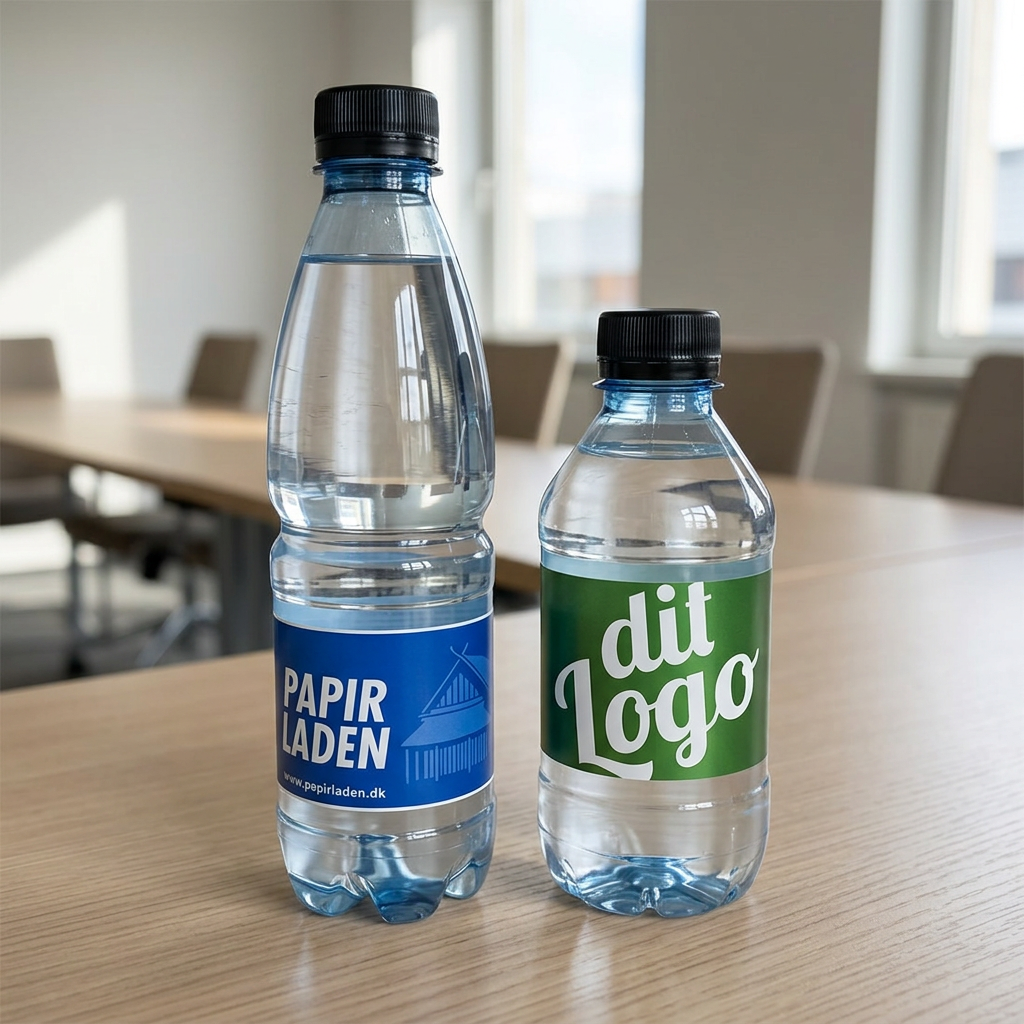 Logovand i 0,5 og 0,30 liter med sorte låg og blå og grønne eksempeletiketter
