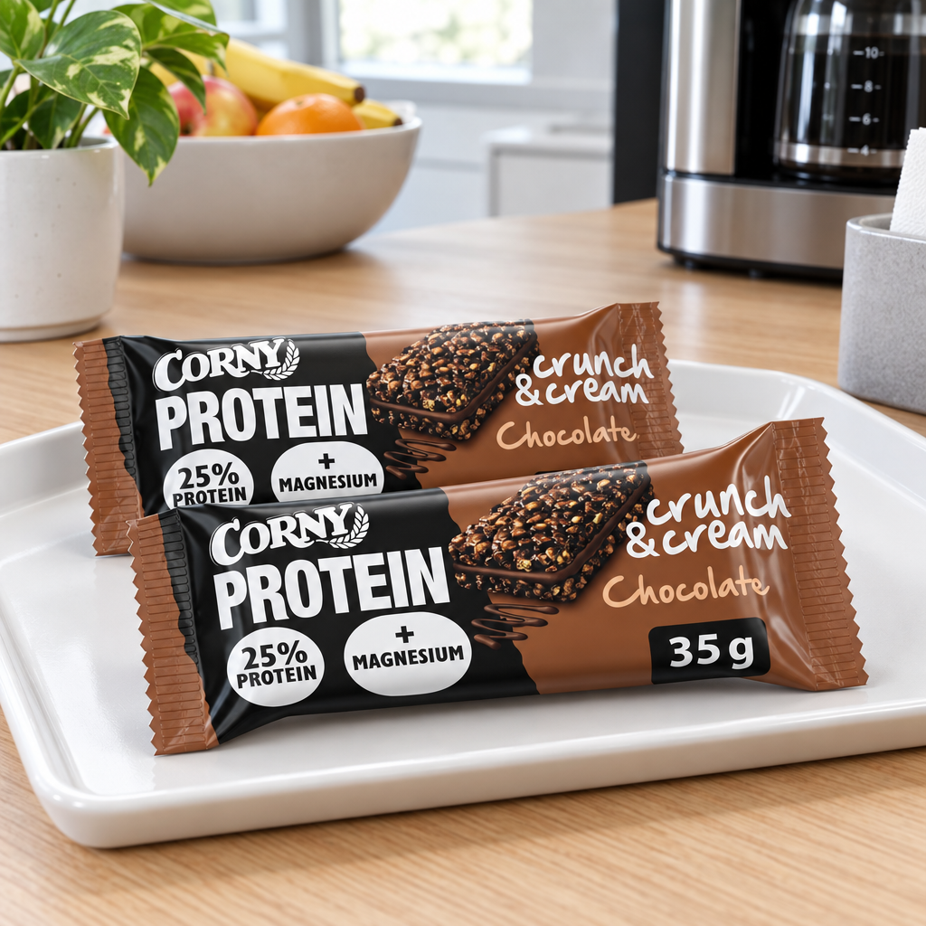 Stemningsillustration af portionspakkede Corny Protein Chocolate barer på serveringsbakke