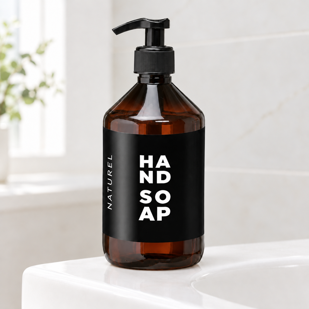 Luxus Naturel 500 ml pumpeflaske på kanten af en lys håndvask