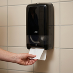Voksen hånd tager toiletpapir fra sort Tork T6 Twin-dispenser