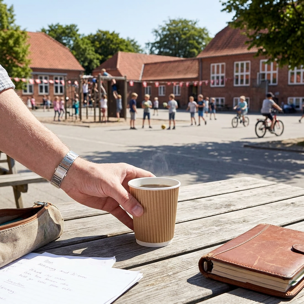 Voksen sætter kaffebæger på bord ved solrig skolegård