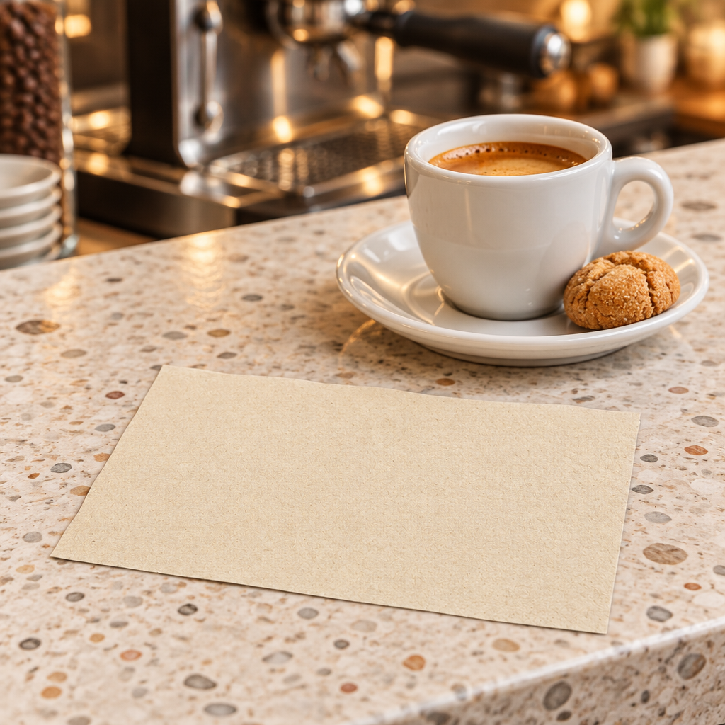 Naturfarvet Tork N4/N12 serviet ved espresso på kaffebarens disk