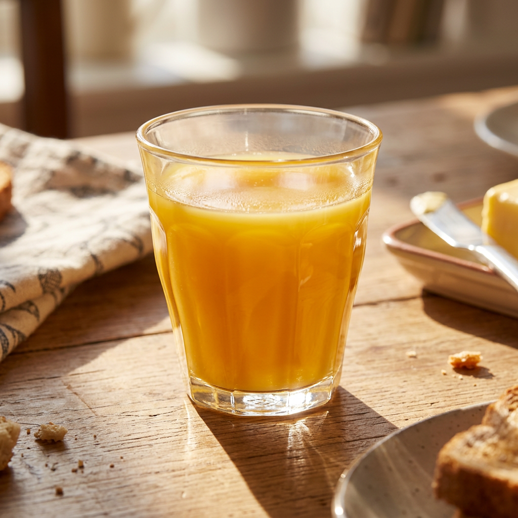 Appelsinjuice i klart caféglas på sollyst morgenbord