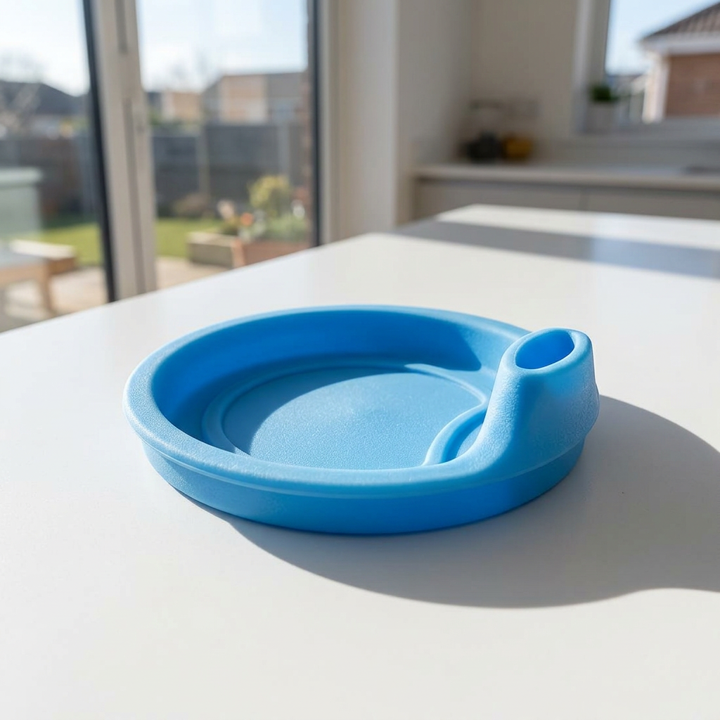 Blå drikketud på et hvidt bord ved et sollyst vindue