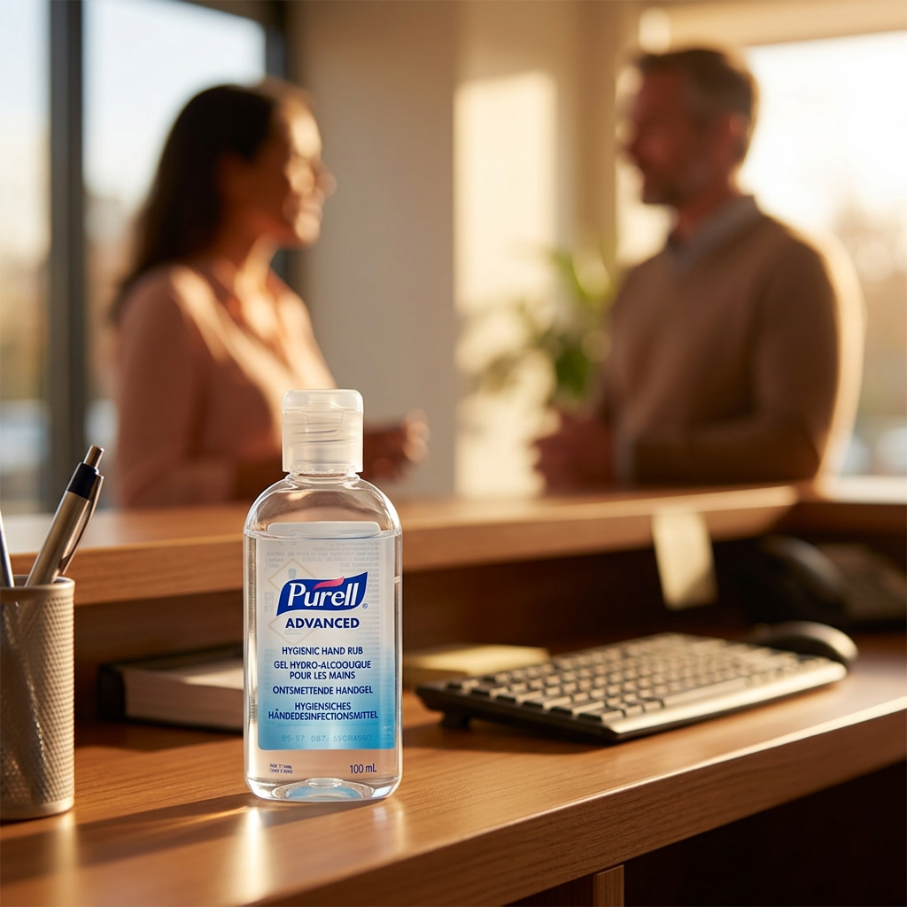 Purell Advanced 100 ml på receptionens disk med to voksne i baggrunden