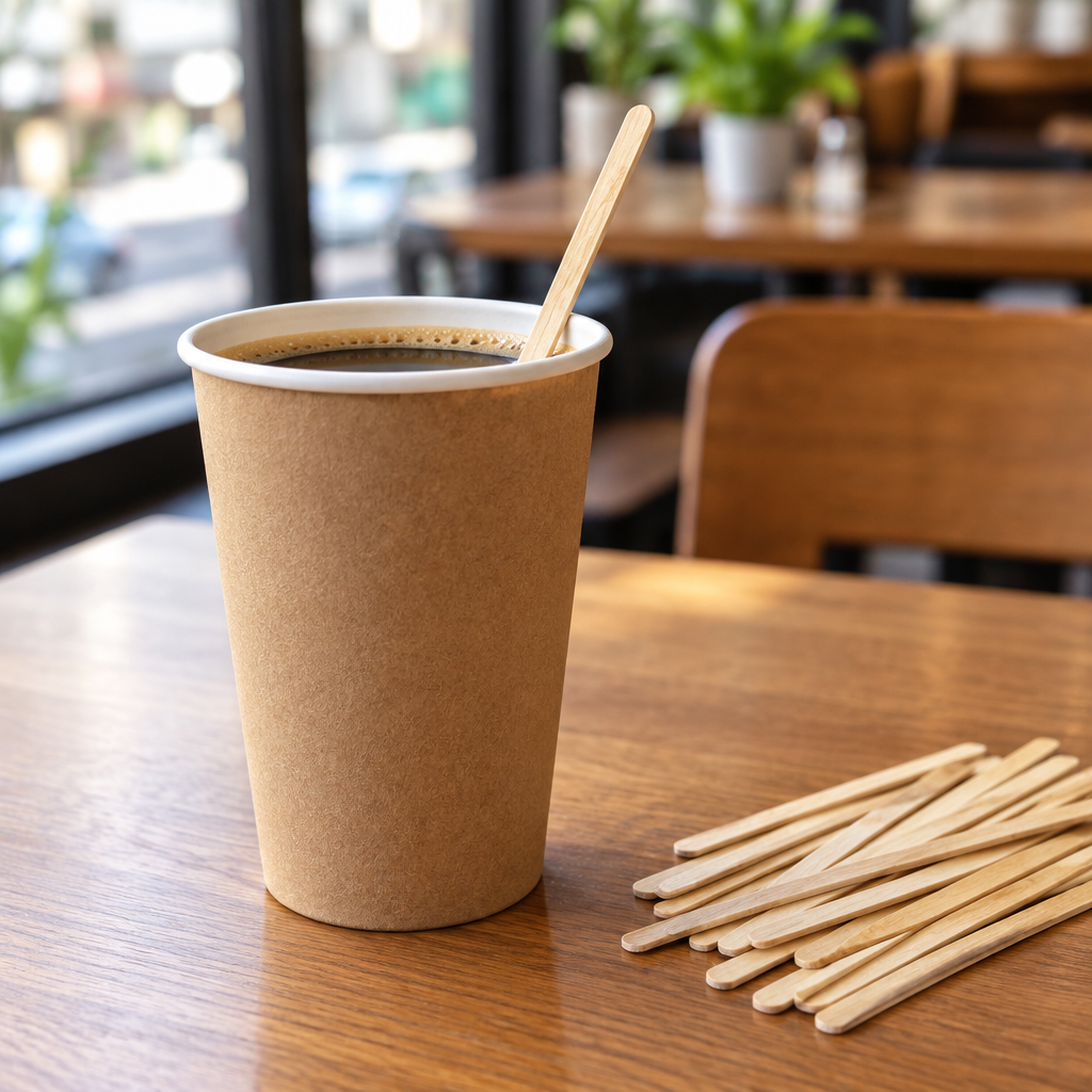Rørepind i træ i kaffebæger set fra siden ved cafébord, stemningsbillede