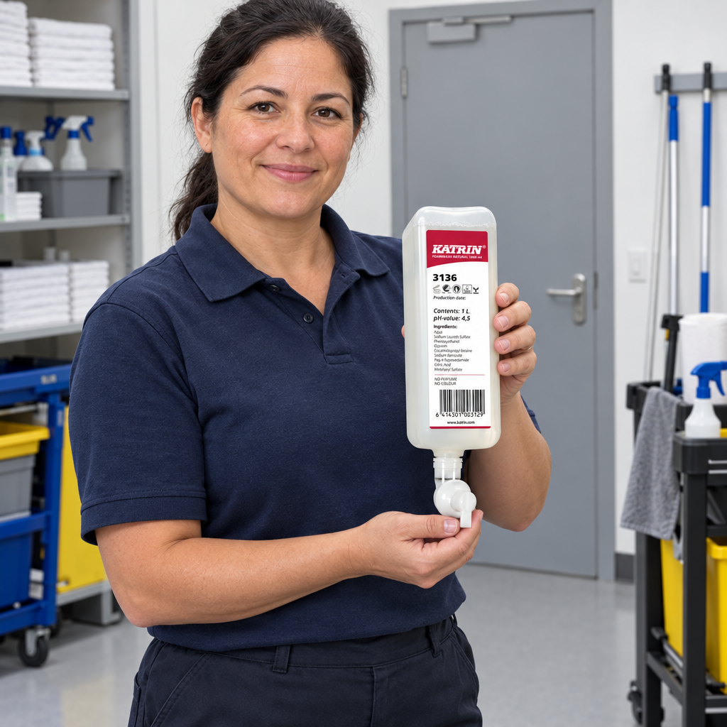 Medarbejder holder Katrin Natural-refill i servicerum, stemningsbillede