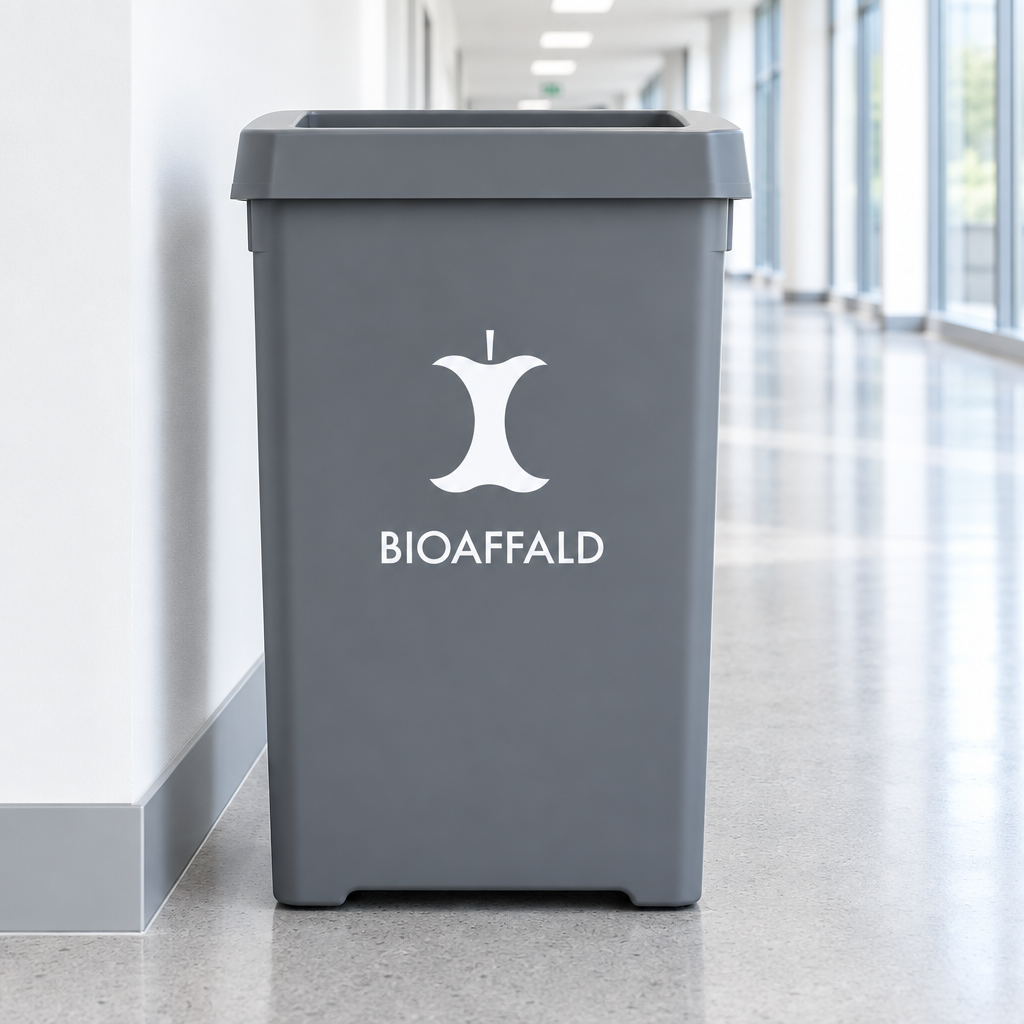 Grå bioaffaldsbeholder med hvid mærkning i lys gang