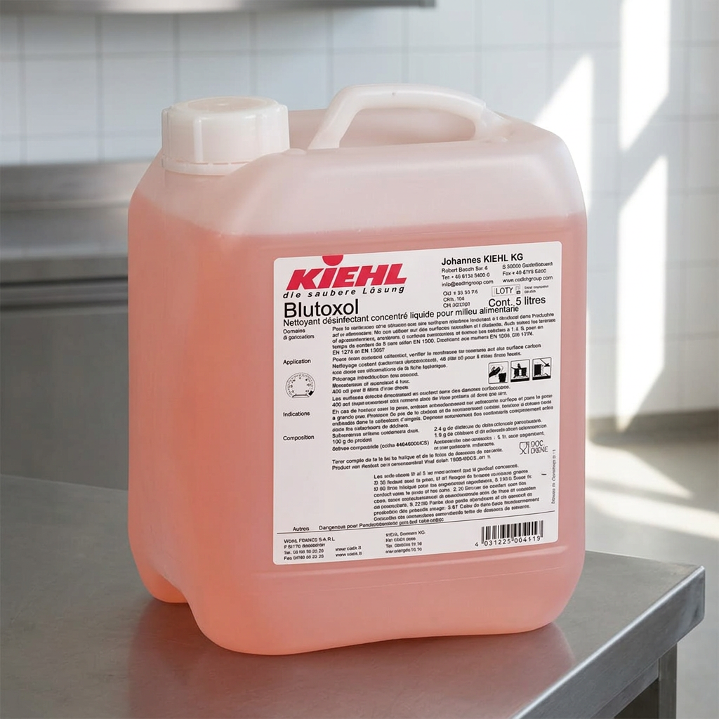 Stemningsbillede af Kiehl Blutoxol 5 L på køkkenets rengøringsbord med solskin i baggrunden