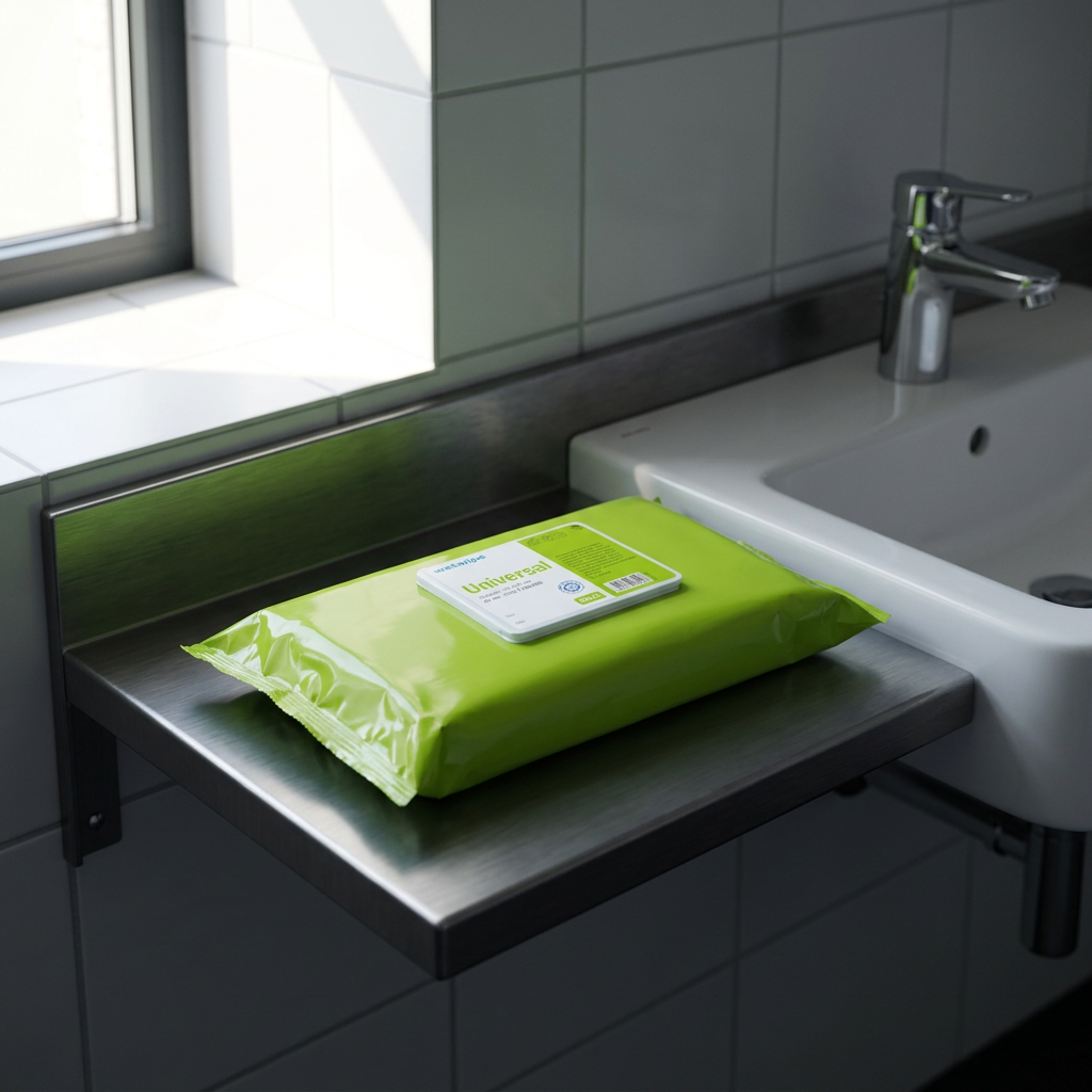 Miljøbillede: Wet Wipe Universal Maxi i skygge på stålhylde ved håndvask med sollys i baggrunden