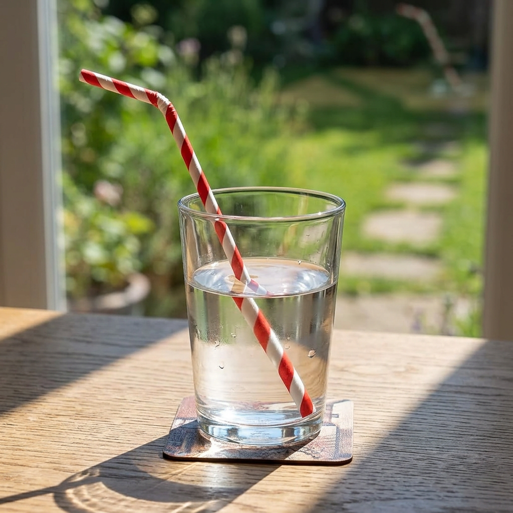 Rød-hvidt papirsugerør i vandglas ved solrigt vindue, glas medfølger ikke