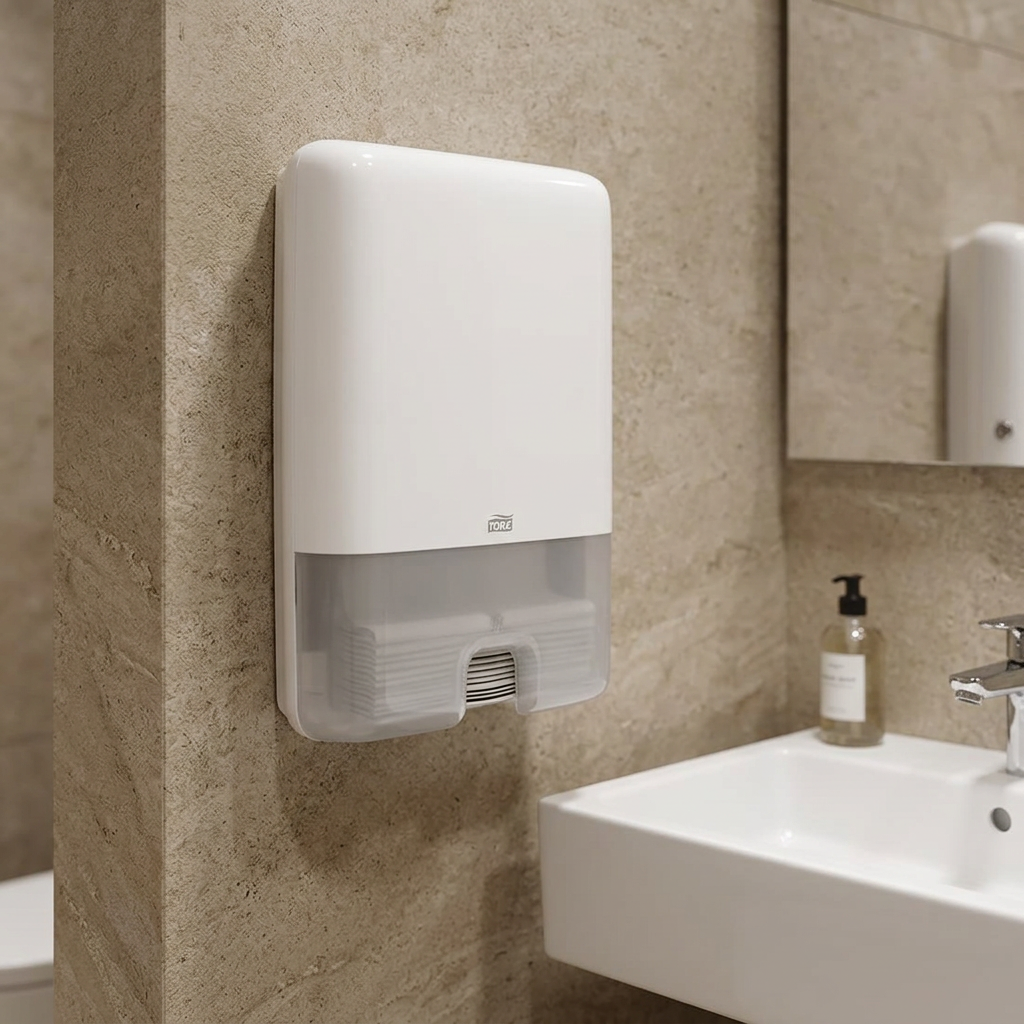 Tork Xpress H2-dispenser på stenfarvet væg ved hotelhåndvask