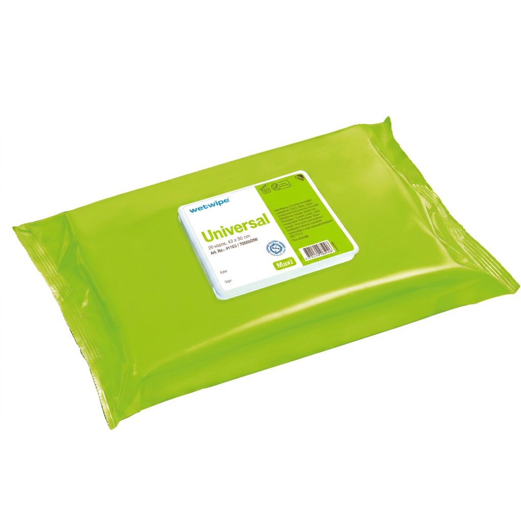 Wet Wipe Universal Maxi 41153 i grøn pakke med 20 rengøringsklude à 43 × 30 cm på hvid baggrund