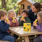 Børn med Sun Lolly Ananas ved bord i børnehavehave med voksen