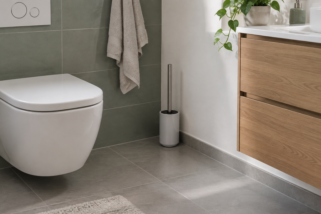 Stemningsbillede af toiletbørste i badeværelse, ikke foto af Vikan-modellen