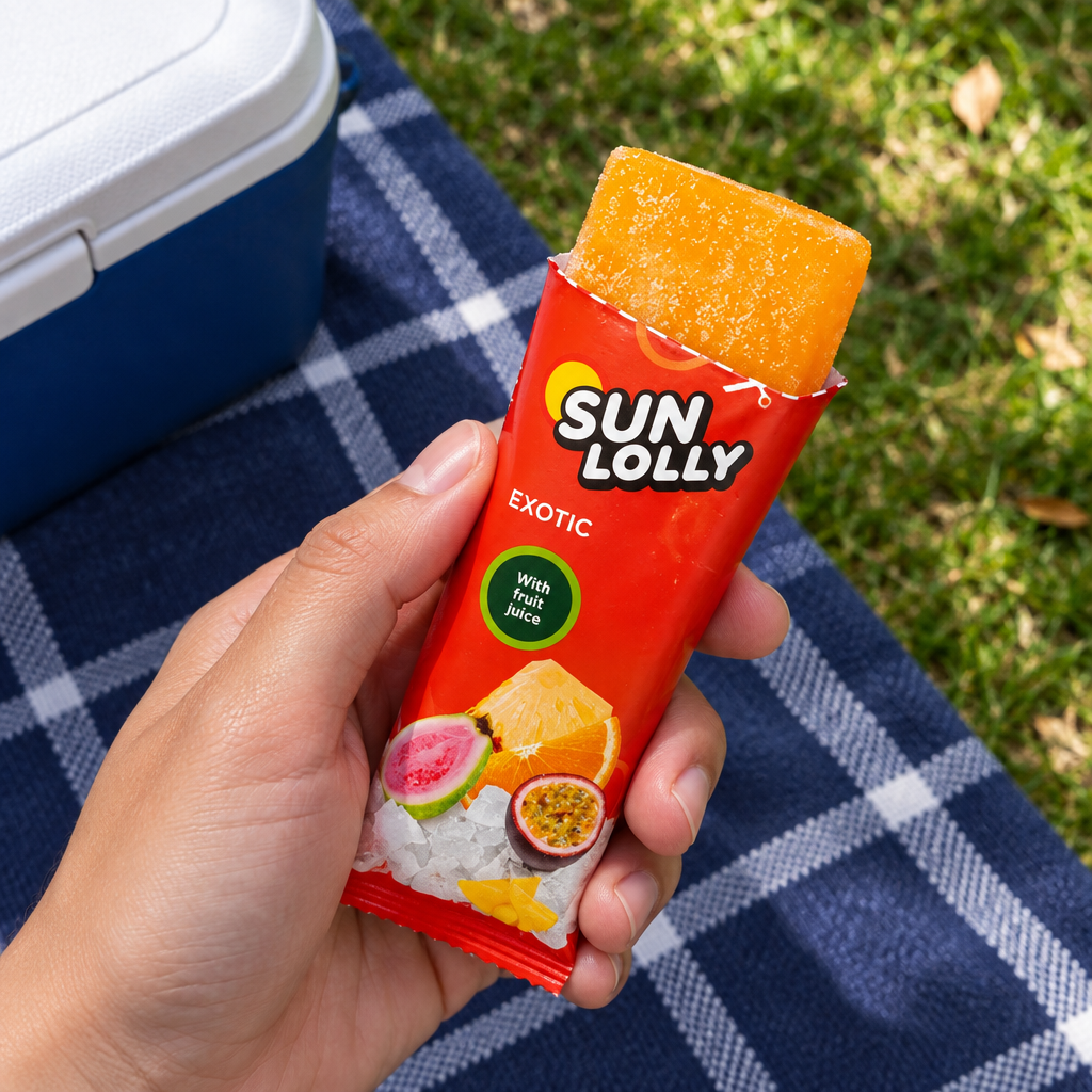 Åbnet orange Sun Lolly Exotic-is i voksenhånd over picnictæppe