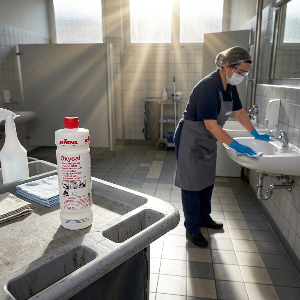Kiehl Oxycal 1 L på rengøringsvogn ved voksen medarbejder i solrigt sanitetsområde
