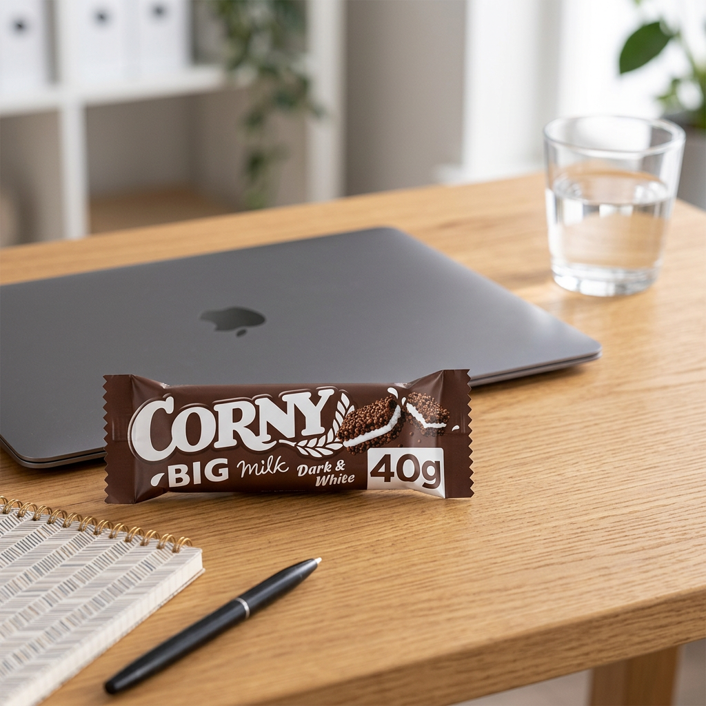 Corny Milk Dark & White 40 g på arbejdsbord ved computer, stemningsbillede