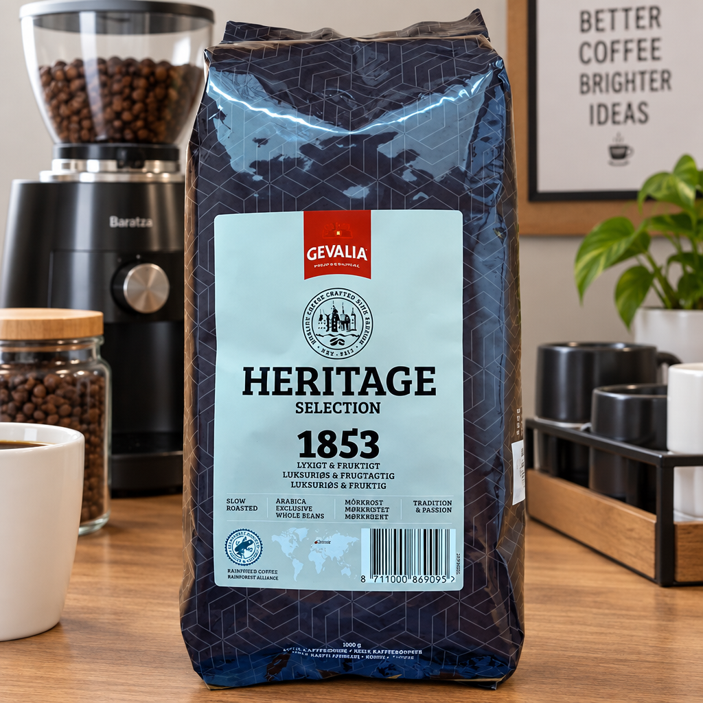 Gevalia Heritage Selection 1853 hele kaffebønner ved kaffekværn på kontor, stemningsbillede