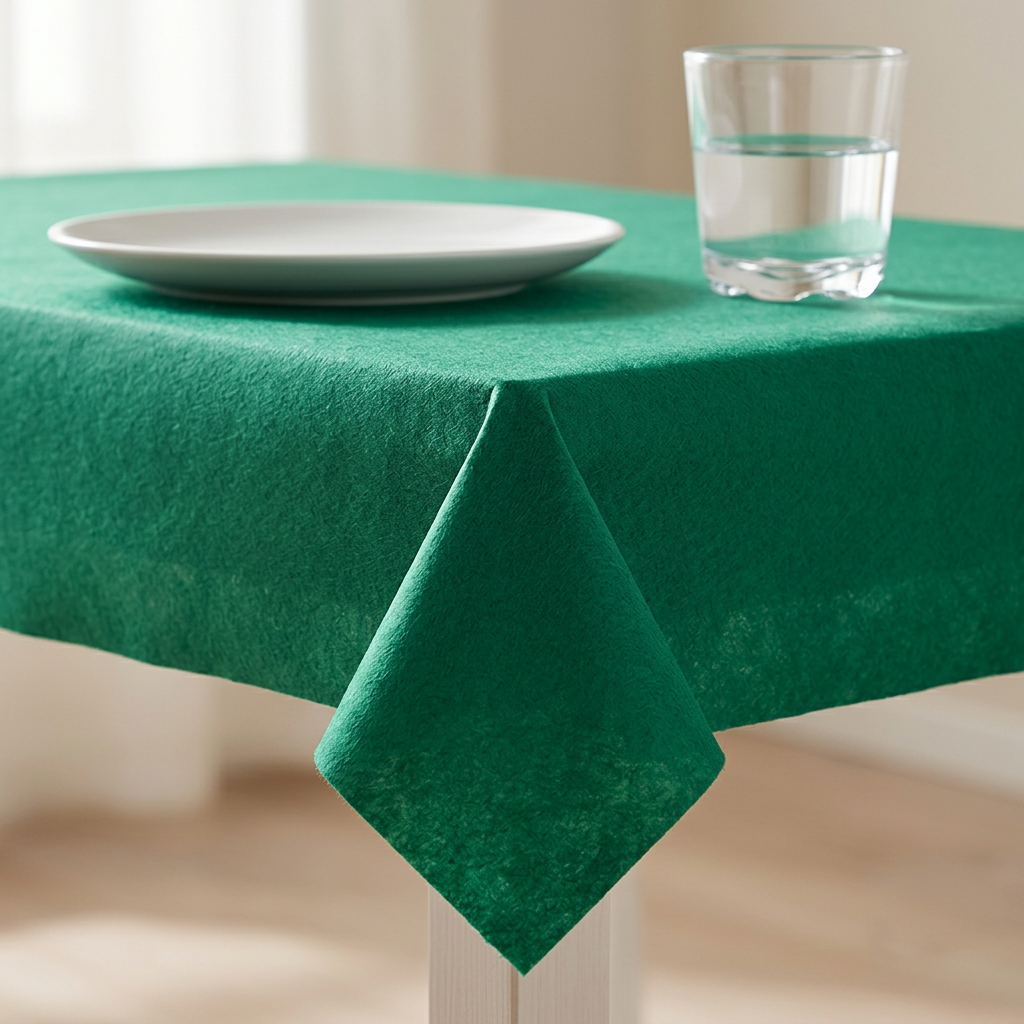 Detalje af grøn airlaid-dug ved bordkant med glas og tallerken
