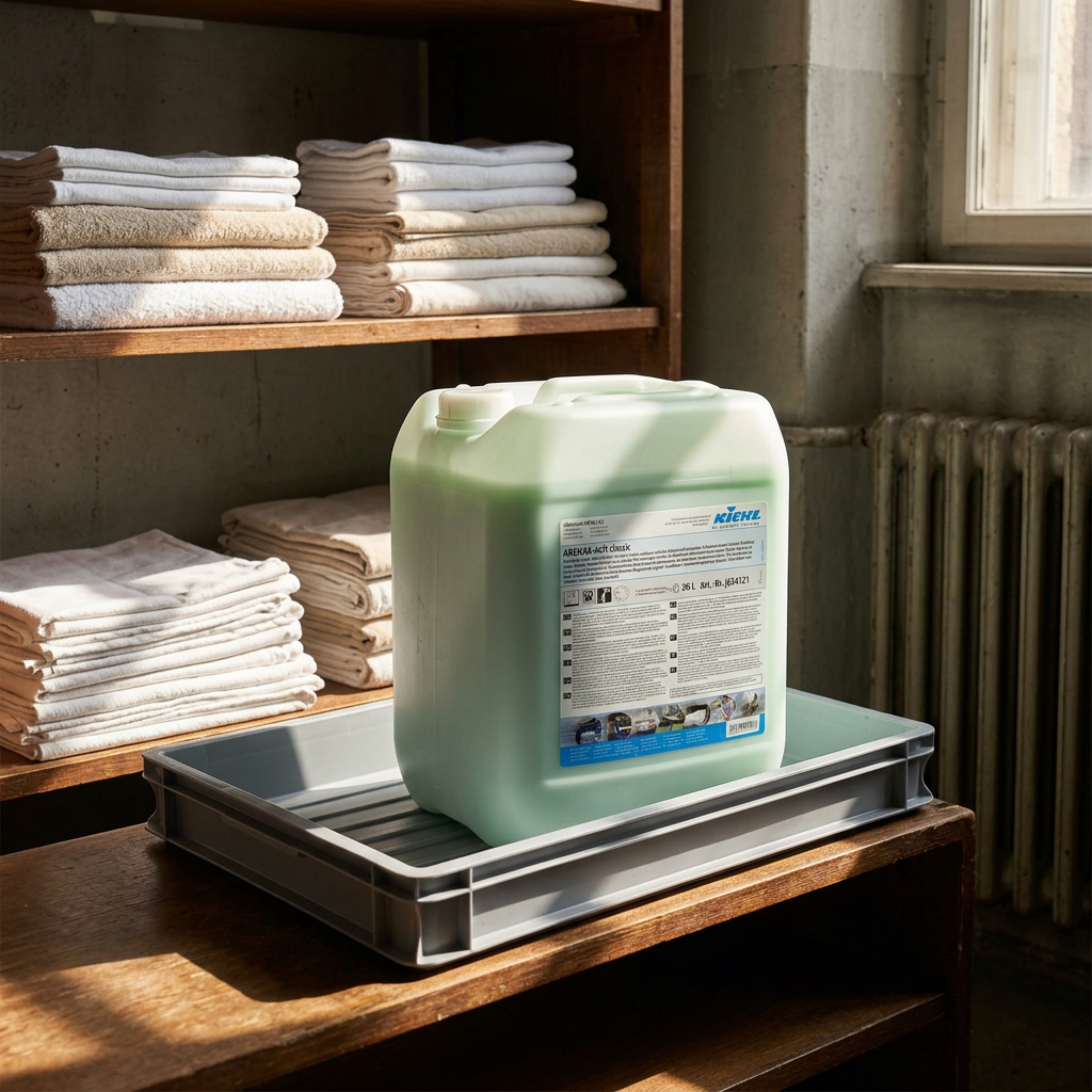 Kiehl Arenas Soft Classic 20 L i en metalbakke i et sollyst tekstildepot med foldede tekstiler.