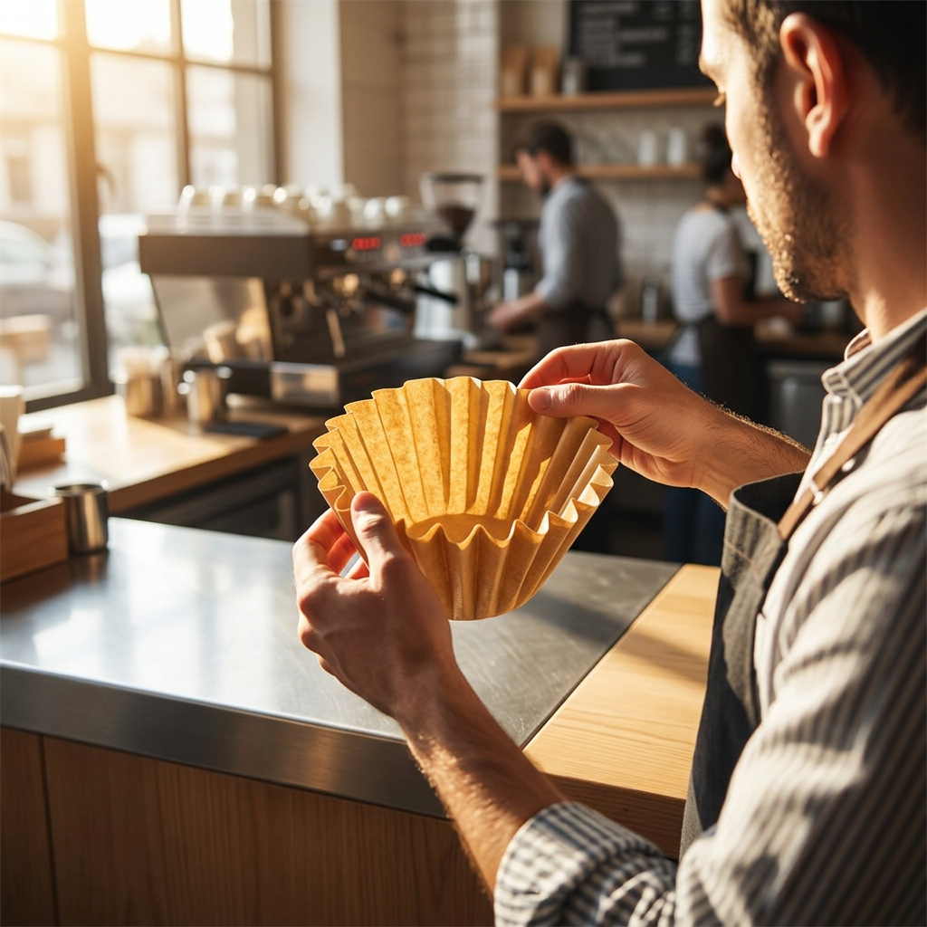 Voksen cafémedarbejder holder ubleget kaffefilter i et solbelyst cafémiljø