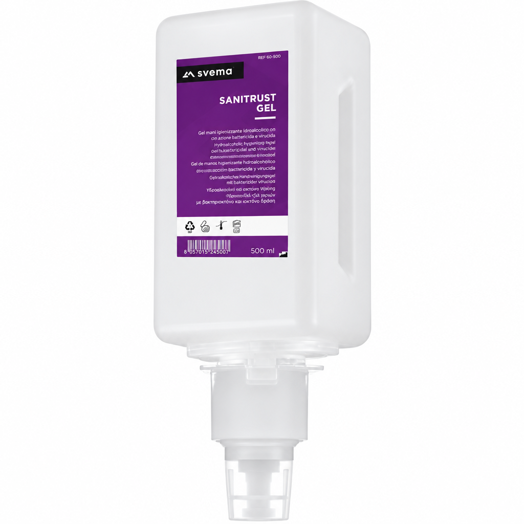 Svema Sanitrust Gel 500 ml-refill med lilla etiket og pumpe på hvid baggrund