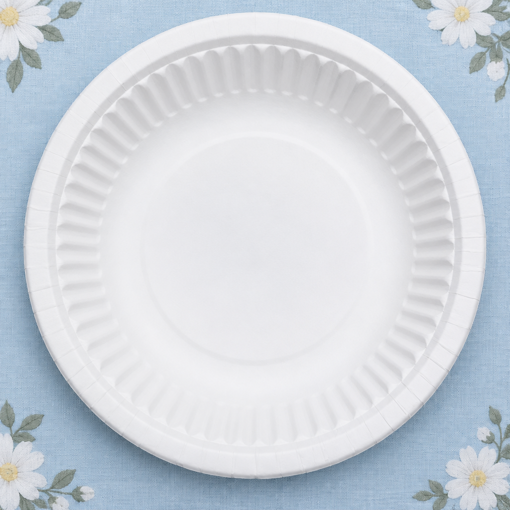Hvid dyb paptallerken på lyseblåt festbord