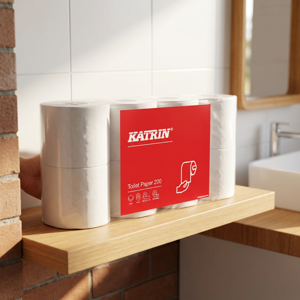 Katrin Toilet Paper 200 inderpakke på træhylde i sollys