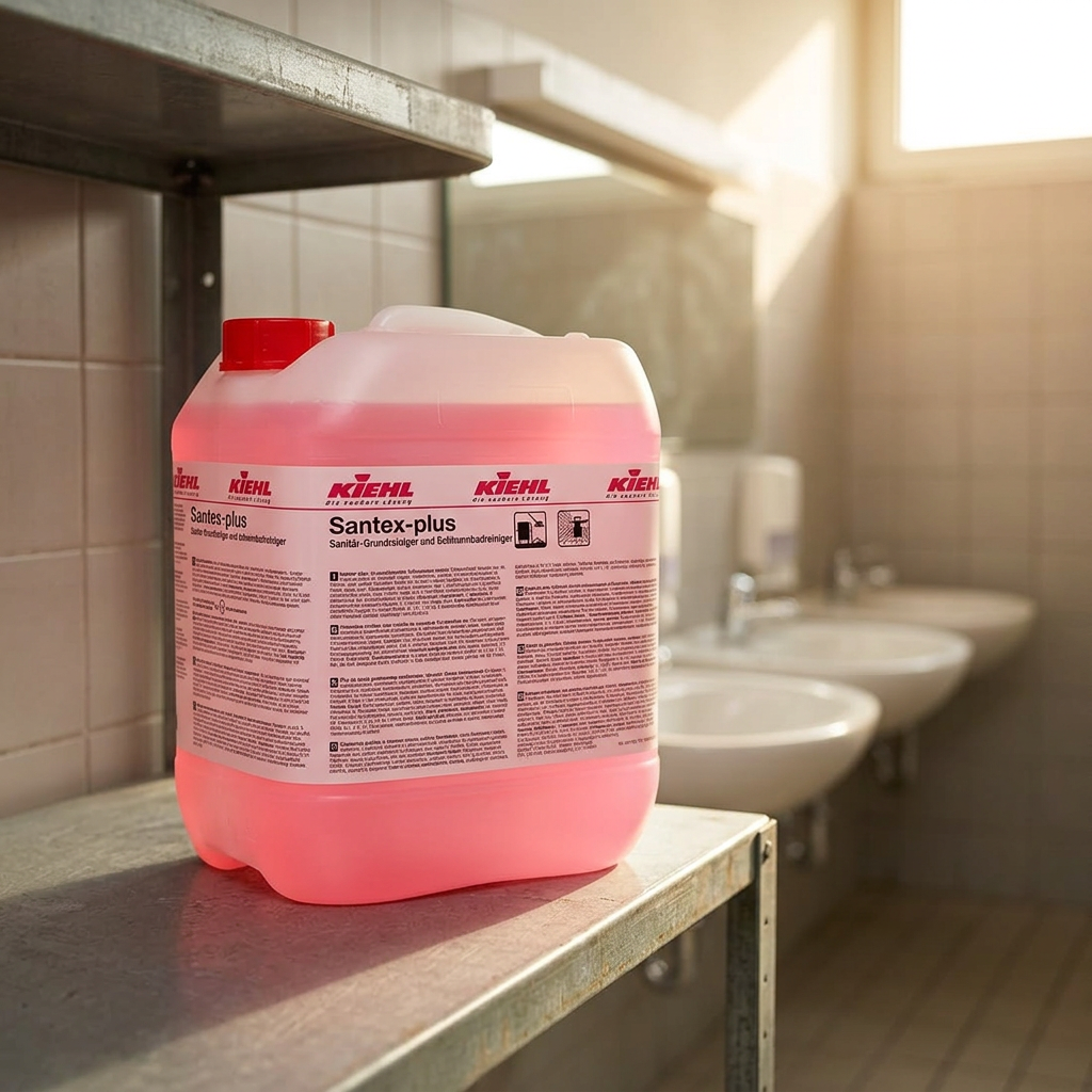 Kiehl Santex-Plus 10 L på hylde i solrigt sanitetsområde