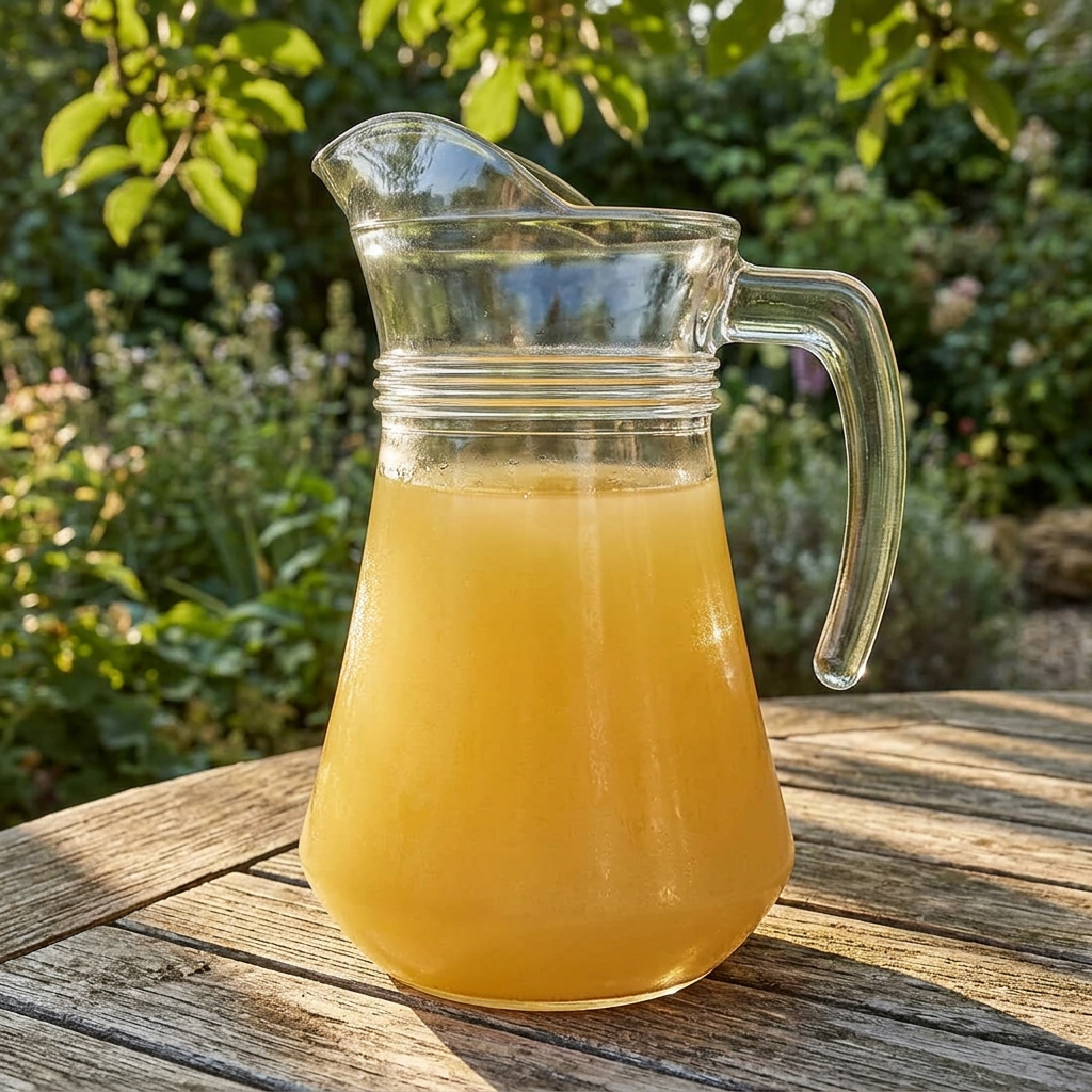 Glaskande på havebord i solskin; juice følger ikke med