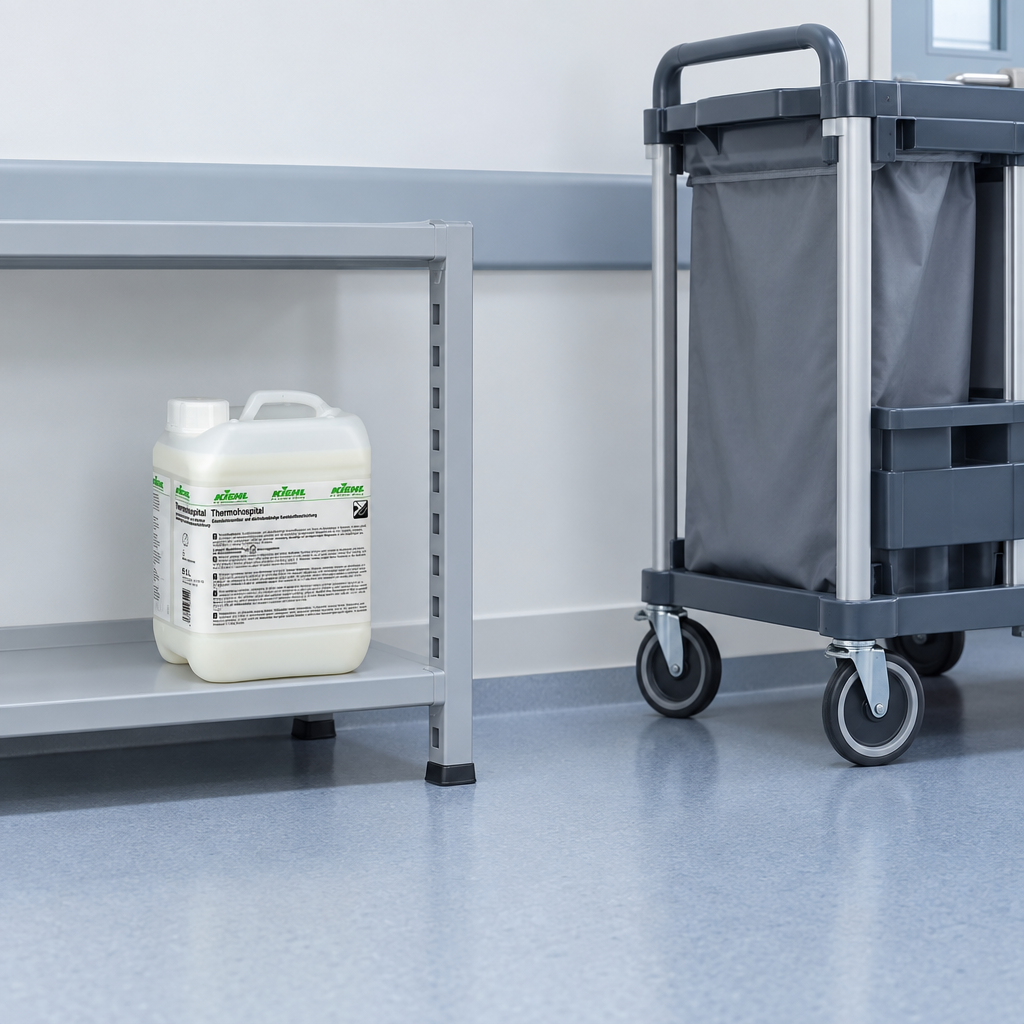 Kiehl Thermohospital 5 L på lav hylde ved rengøringsvogn