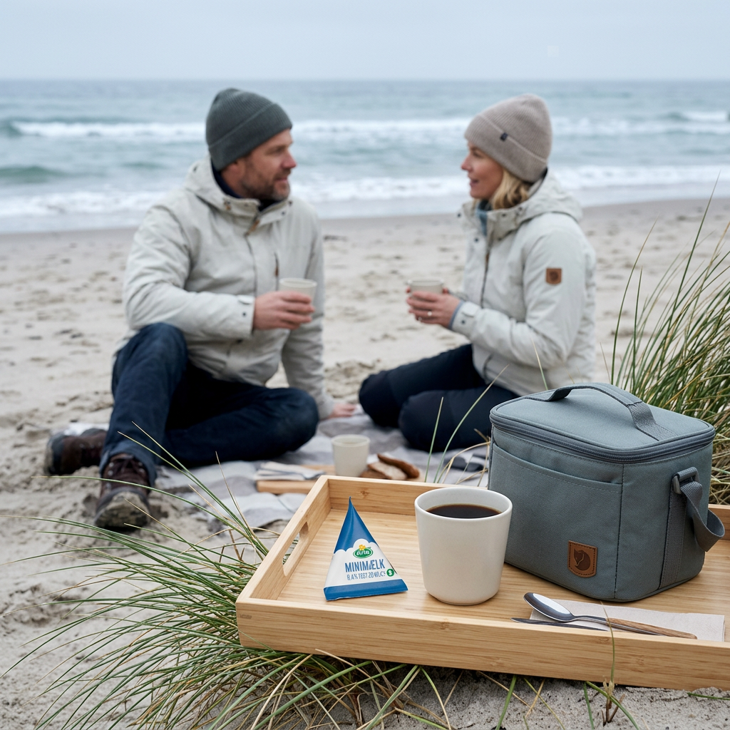 Arla minimælk på ren serveringsbakke med kaffe og isoleret taske ved strandens kaffepause