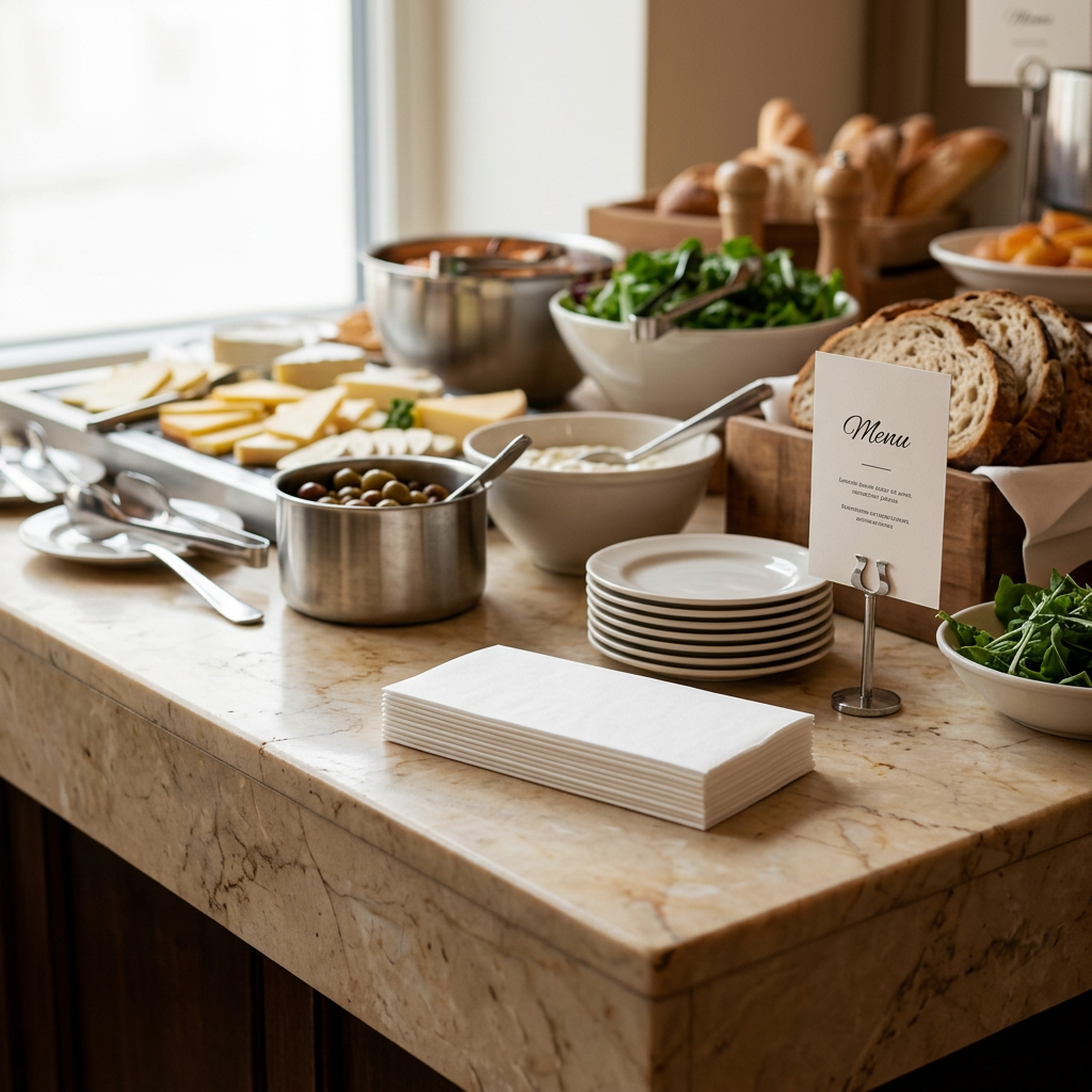 Stabel hvide airlaid-servietter ved buffet