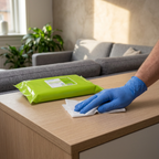 Miljøbillede: hånd med blå rengøringshandske aftørrer skænk i privat stue med Wet Wipe Universal Maxi og solskin i baggrunden
