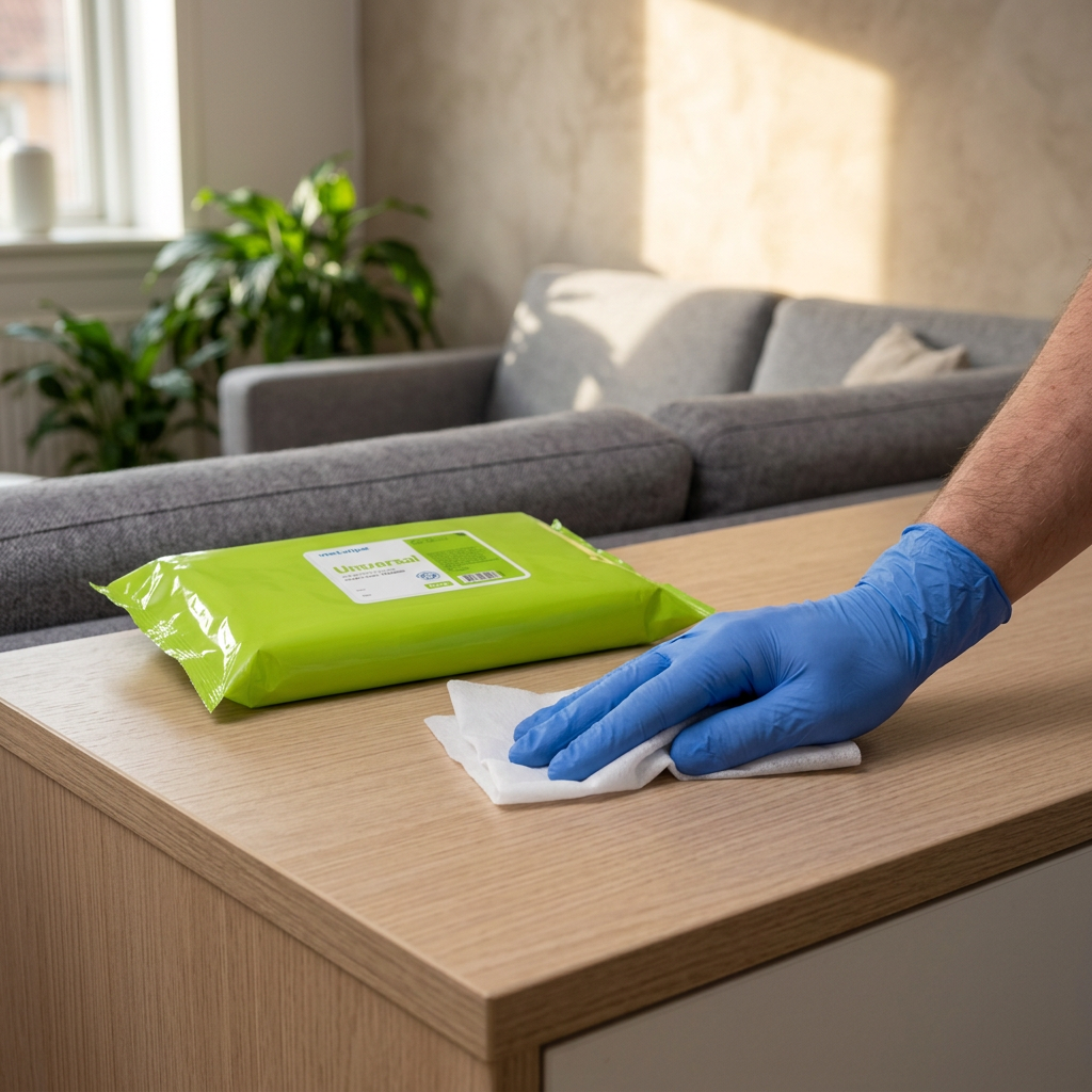 Miljøbillede: hånd med blå rengøringshandske aftørrer skænk i privat stue med Wet Wipe Universal Maxi og solskin i baggrunden