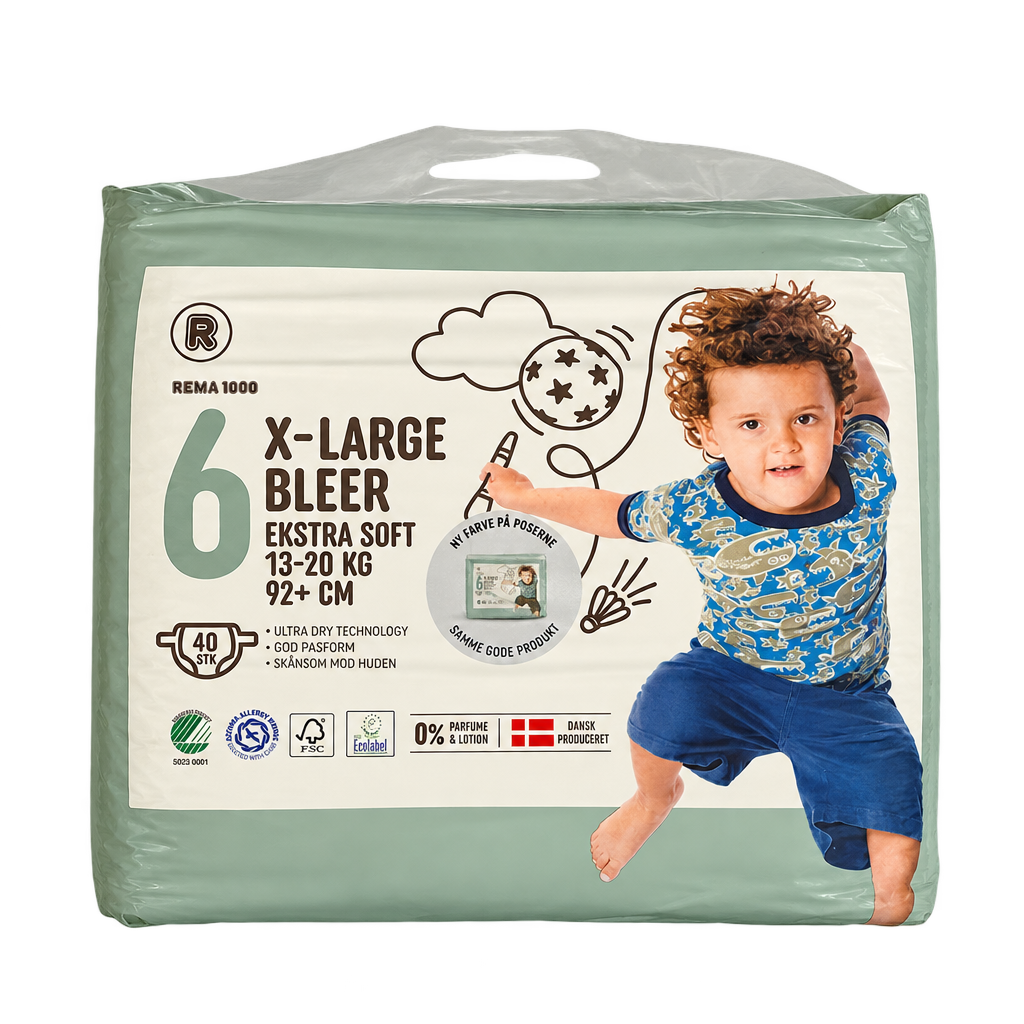 REMA 1000 X-Large 6 bleer, 13–20 kg og 92+ cm, frilagt kvadratisk produktfoto af forsiden på grøn pose med 40 stk.