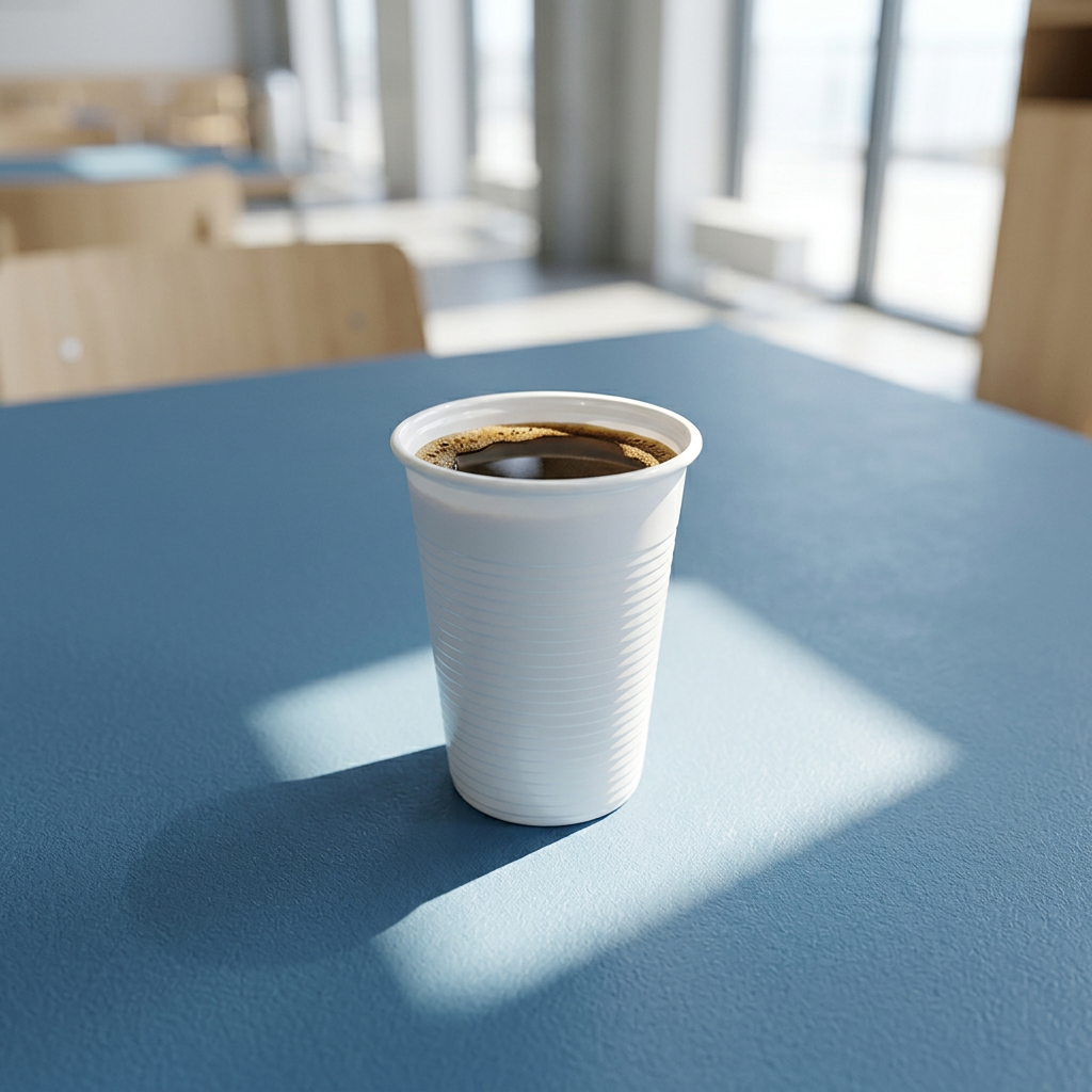 Hvidt drikkebæger med kaffe på blåt bord i solrig kantine