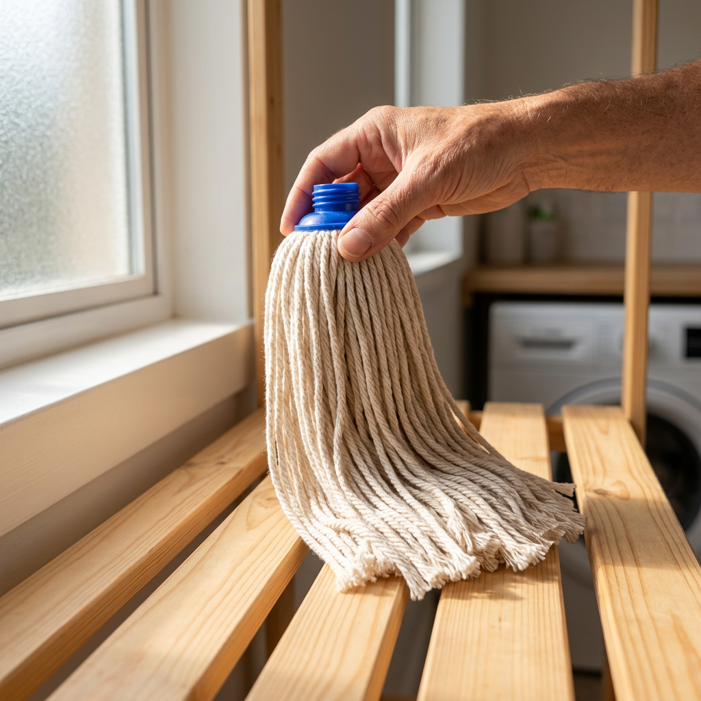 Klargøring af Basic moppegarn ved hylde i vaskerum, stemningsbillede